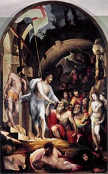 De afdaling van Christus naar het voorgeborchte. Hij houdt een witte banier met een rood kruis, een symbool van de Opstanding