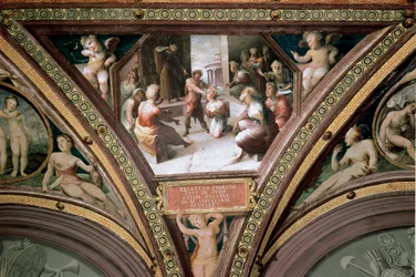 Het offer van Seleucos de Locres (Seleucus de Locride) Seleucos, nadat hij een oog aan zijn zoon had verloren, brengt een offer om het dragen van het verboden wapen in de Senaat te rechtvaardigen. Fresco door Domenico di Giacomo di Pace, genaamd Beccafumi 