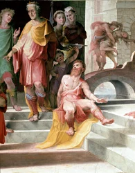 Het offer van Seleucos de Locres (Seleucus de Locride) Seleucos om zijn zoon te verblinden, om hem te straffen voor een verkrachting die hij had gepleegd, verkiest een van zijn ogen te sterven. Fresco door Domenico di Giacomo di Pace genaamd Beccafumi (148