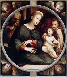 Tondo omringt engelen met Heilige Familie met Sint Jan de Doper kind