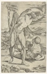 Twee naakte mannen in een landschap