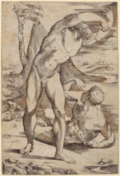 Twee naakte mannen in een landschap