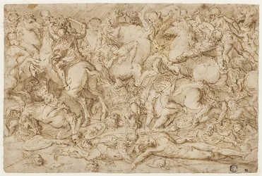Gevechtsscène met paarden en mannen