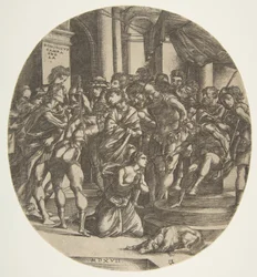 Vrouwelijke figuur Sint Catharina knielend op de grond in het midden smekend tot een mannelijke figuur, 1517