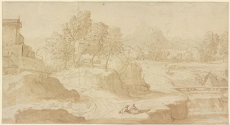 Figuratief landschap, rechts een rivier met een brug bij molens, vooraan twee zittende figuren