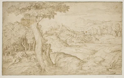 Landschap met een stad en een slapende herder