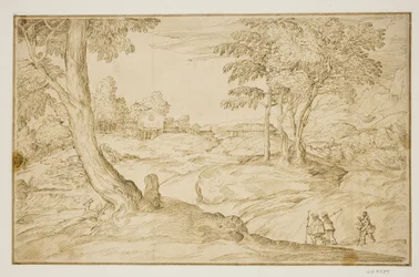 Landschap met pelgrims die een kerk naderen