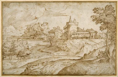 Bergachtig landschap met een kasteel en andere gebouwen bij een rivier; een man die een vrouw haast, ca. 1540