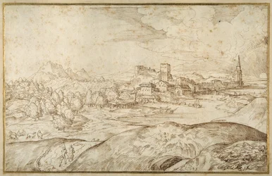 Bergachtig landschap met een rivier en een versterkte stad met een toren met spits