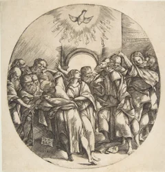 De Heilige Geest als een vogel die neerdaalt met gespreide vleugels bovenaan, de twaalf apostelen, 1518