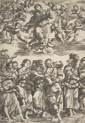 De Maagd bovenaan in het midden in de wolken met gevouwen handen en rechtervoet omhoog, omringd door..., 1517