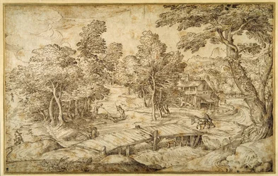 Bosrijk landschap met een boerderij en een houten brug over een sluis