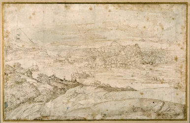 Bosrijk landschap met een kronkelende rivier; in de verte een stad, een mengeling van torenspitsen en koepels met antieke ruïnes