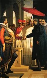 Michelangelo presenteert het model voor de voltooiing van de Sint-Pieter aan paus Pius IV
