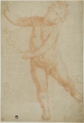 Putto geposeerd op rechterbeen (recto); schets van een gedrapeerde arm (verso)