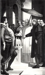 Michelangelo presenteert een model van de koepel van de Sint-Pietersbasiliek aan paus Paulus IV