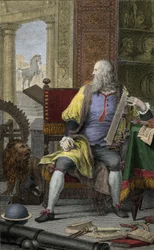 Voorstelling van de schilder, beeldhouwer Leonardo da Vinci (1452-1519) in zijn atelier. Gravure door Domenico Cunego (1726-1803)