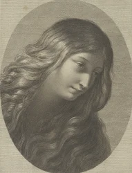 Het hoofd van Maria Magdalena, naar beneden kijkend naar rechts, in een ovaal kader, naar Ren...