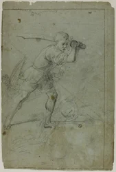David onthoofdt Goliath (recto); Schets van gedrapeerde vrouwelijke figuur met rechterarm boven het hoofd (verso)