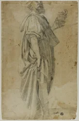 Staande magiër (recto); Schets van stal en bomen (verso)