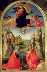 Christus in Glorie met St. Benedictus (ca.480-547), St. Romuald (ca.952-1027), St. Attinia, St. Grecinia en de schenker, abt Buonvicini, 1492 (paneel)