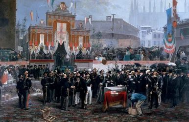 Ceremonie voor het leggen van de eerste steen van de Galleria Victor Emmanuel II in Milaan, 7 maart