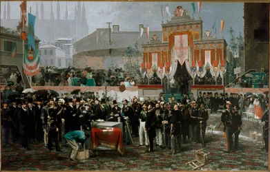 Ceremonie voor de eerste steen van de Vittorio Emanuele II-galerij op 7 maart 1865