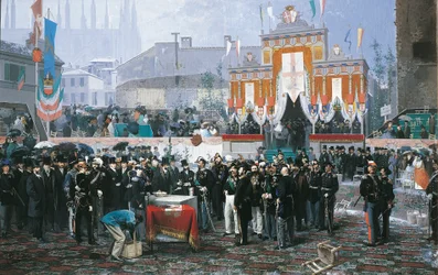 Het leggen van de eerste steen van de Galleria Vittorio Emanuele in Milaan