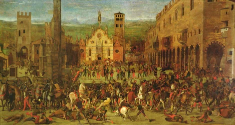 Verdrijving van de Bonacolsi door Louis Gonzaga in 1328, op Piazza Sordello, Mantua