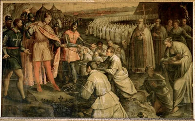 De Vierde Kruistocht: Overgave van Zara in 1202 aan de Doge Enrico Dandolo (olieverf op doek)