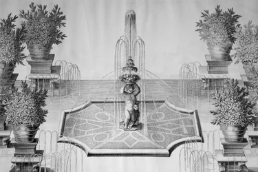 De bloemenfontein in de tuin van Villa Barbarigo in Valsanzibio, gravure door Domenico Rossetti uit Le fabbriche e i giardini dell