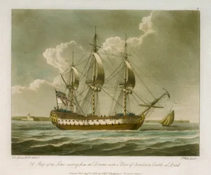 Een linieschip zeilend van de Downs met een uitzicht op Sandown Castle bij Deal