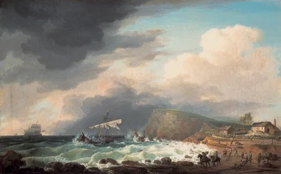 Een Schipbreuk voor een Kust met Overlevenden en Redders op een Strand