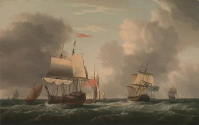 Een Engelse tweedekker in de wind, met andere schepen en vaartuigen in een frisse bries