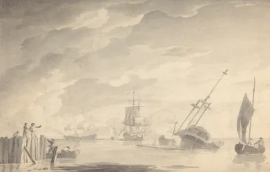 Gevechtsscène, Drie Slagschepen, Eén Zinkend; Figuren Links in Roeiboot en Staande Pier