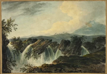 Kamelenkaravaan steekt vliegtuig over boven waterval