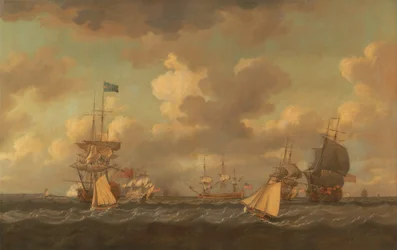 Engelse schepen voor anker in een frisse bries