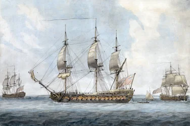 Portret van een Brits 74-kanonschip, in Solent (Engeland), gezien vanuit drie verschillende hoeken