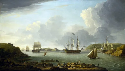 Terugkeer van een vloot naar Plymouth (Engeland), beschrijving van de stad en de baai, inclusief Drake Island en Edgcumbe Mountain