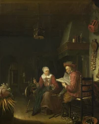 Interieur met een man die leest en een vrouw die garen spint