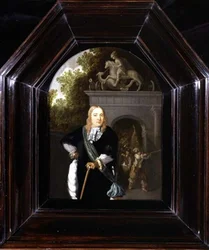 Portret van kapitein Jacobus Van Der Burgh voor de Doeler Poort, Leiden