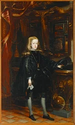 Karel II, in een zwart pak met het Gulden Vlies om zijn hals. Zoon van Filips IV