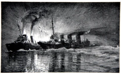 HMS Broke ramt de Duitse torpedobootjager, illustratie uit 