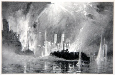 Motorlanceringen redden bemanningen van de blokkadeschepen bij Zeebrugge, illustratie uit 