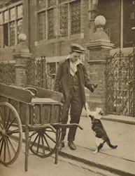 Een van de best gevestigde beroepen: Een klant en de kattenvleesman, ca. 1935