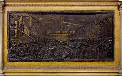 Reliëf met Sint-Antonius die de voet van een jongeman weer vasthecht, door Donatello (circa 1386-1466), brons, altaar van de heilige, Basiliek van Sint-Antonius (Basilica del Santo), Padua, Italië