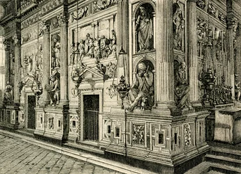 Marmeren scherm van Heilige Huis, ontworpen door Donato Bramante, Heiligdom van Heilige Huis, Loreto, Marche, Italië