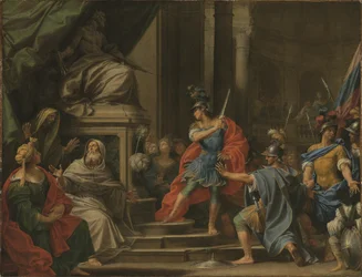 Alexander die de Gordiaanse Knoop doorknipt (olieverf op doek)