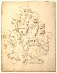 Tekening, Fantasie bestaande uit hoofden en een gebeeldhouwde Urn, ca. 1730