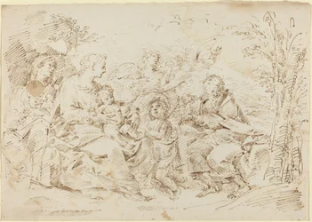 Heilige Familie met St. Elizabeth, St. Johannes de Doper en twee engelen in een landschap
